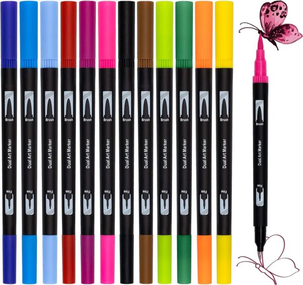 DOTnTICK Colouring Pens Pack - Fineliners Dual Tip Brush Pen for Lettering, Drawing, Journaling, Colouring & Painting - Felt Tip Pens for Drawing & Art Projects - Best Gift for Kids