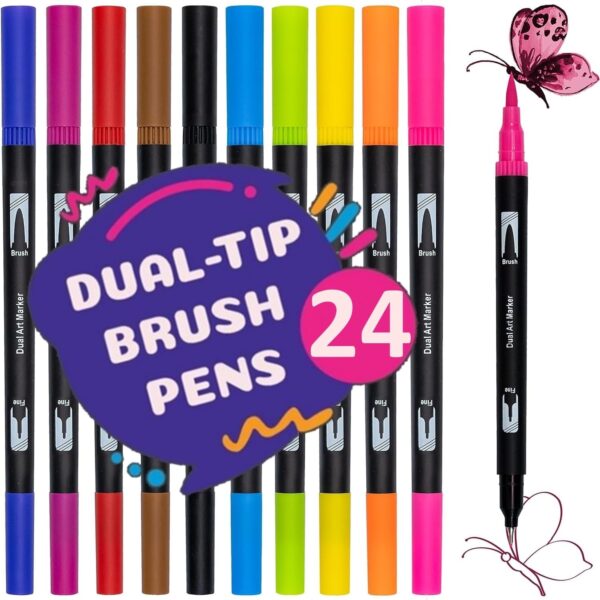 DOTnTICK Colouring Pens Pack - Fineliners Dual Tip Brush Pen for Lettering, Drawing, Journaling, Colouring & Painting - Felt Tip Pens for Drawing & Art Projects - Best Gift for Kids - Image 2